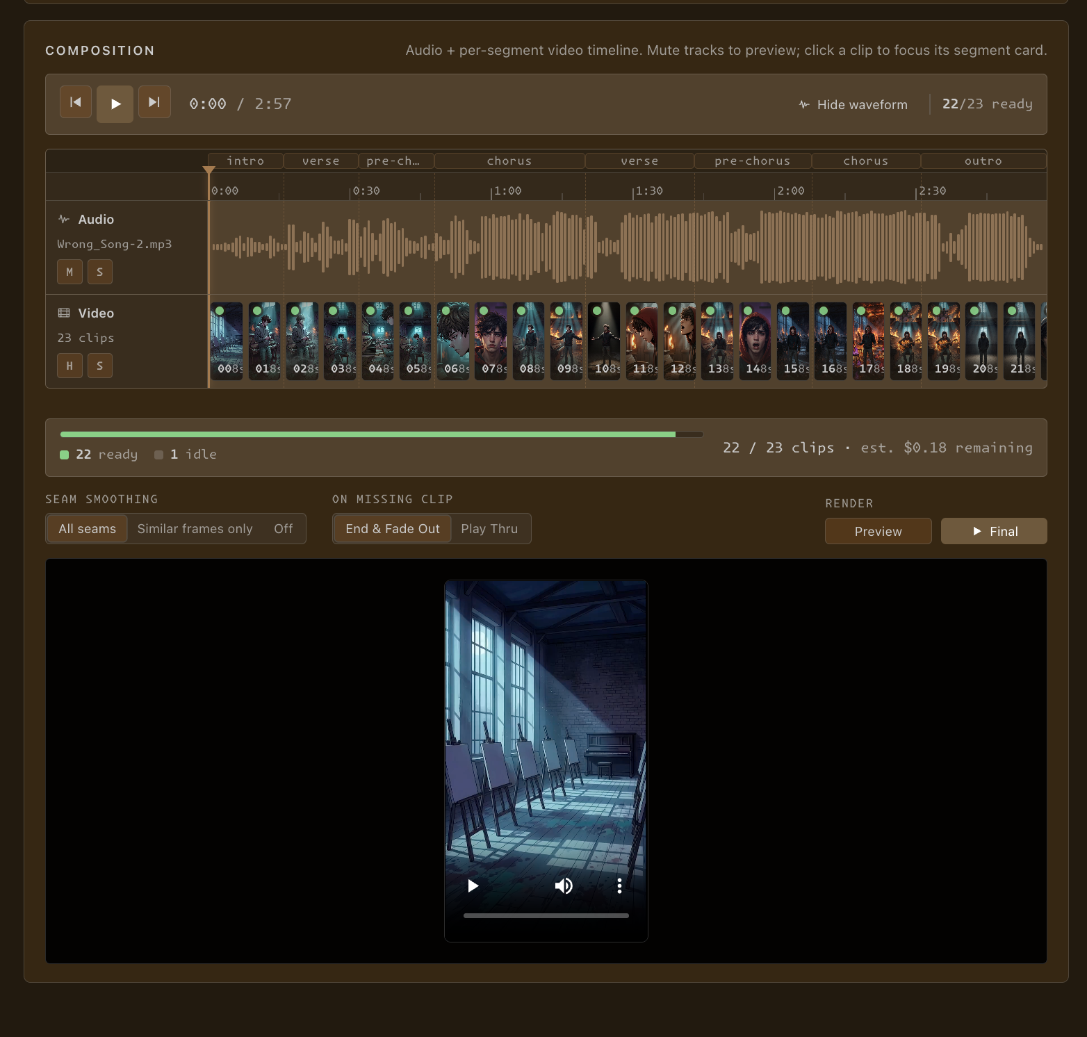 Frame Minion composition timeline inside VS Code — audio waveform over a row of 23 generated video clips, with seam-smoothing and render controls.