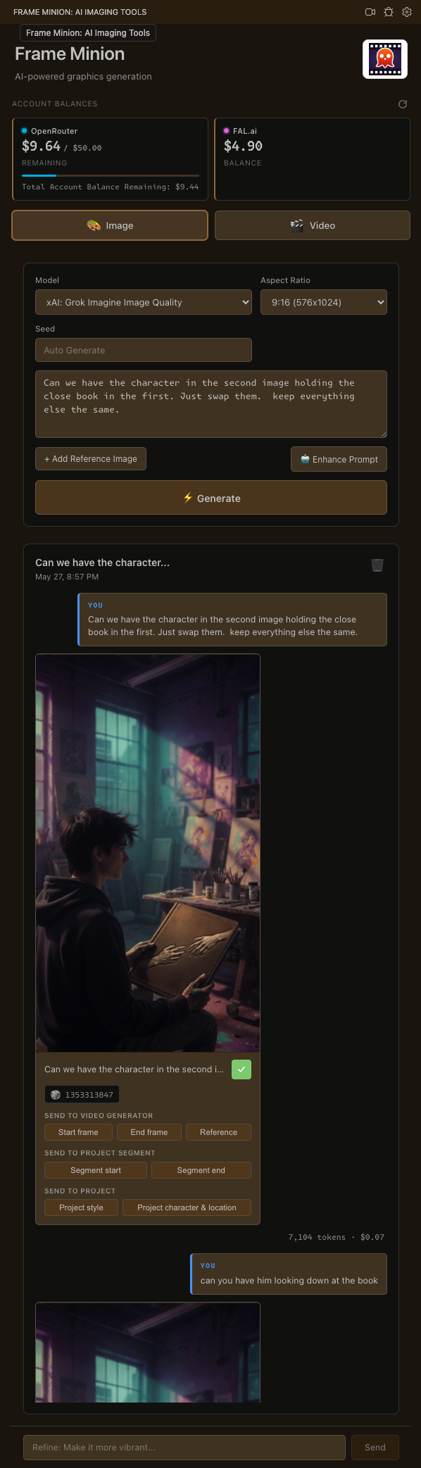 Frame Minion image tab: chat-style image generation with a result and its action menu — Use as start/end/reference frame, Send to project segment, Send to project style or character.