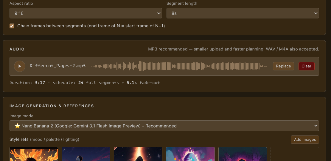 The audio panel — an uploaded MP3 with its waveform, Replace and Clear controls, and a schedule showing 24 full segments plus a 5.1s fade-out, above the image-generation and style-reference settings.