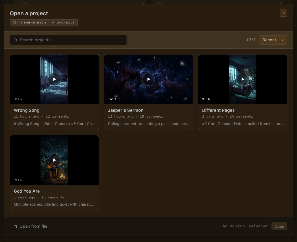 Open-a-project gallery — four saved Frame Minion projects as poster-thumbnail cards with title, segment count, aspect-ratio badge and concept preview.