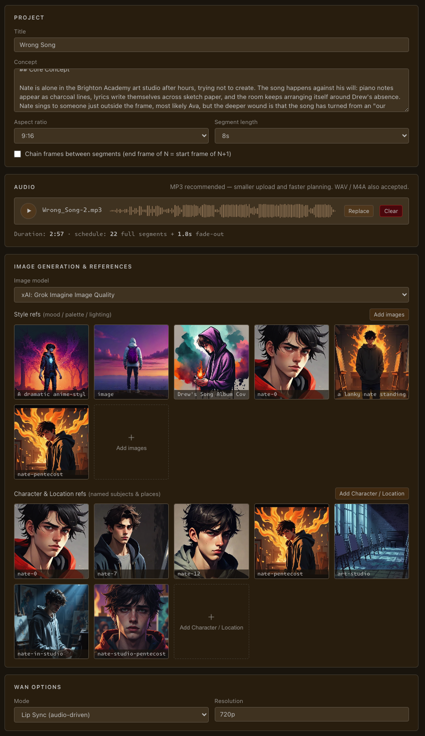 Project setup: title and concept for 'Wrong Song', the uploaded audio track, and grids of style refs and named character/location references.