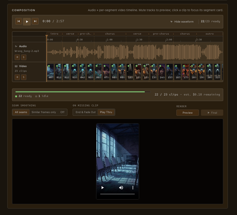 Composition timeline: the song waveform over a row of 23 generated video clips with per-segment timecodes, seam-smoothing and render controls, and the assembled preview playing below.