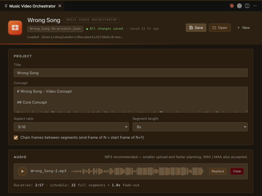 Project setup — title and concept, aspect ratio and segment length, frame-chaining toggle, and the attached audio track with its waveform and a 2:57 schedule.