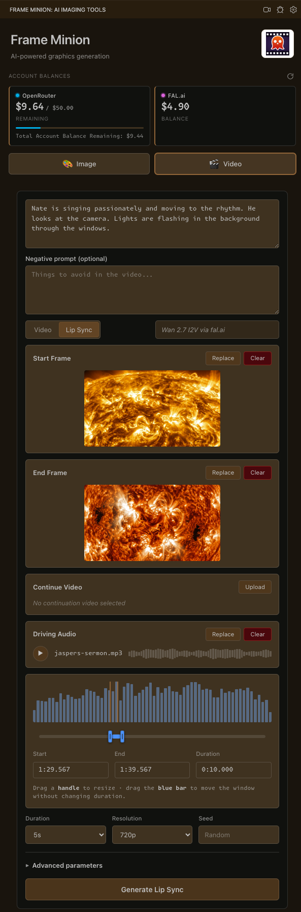 Frame Minion video tab: a single-shot form with prompt, model selector (Wan 2.7 I2V via fal.ai), start frame, end frame, driving audio, and duration/resolution pickers.